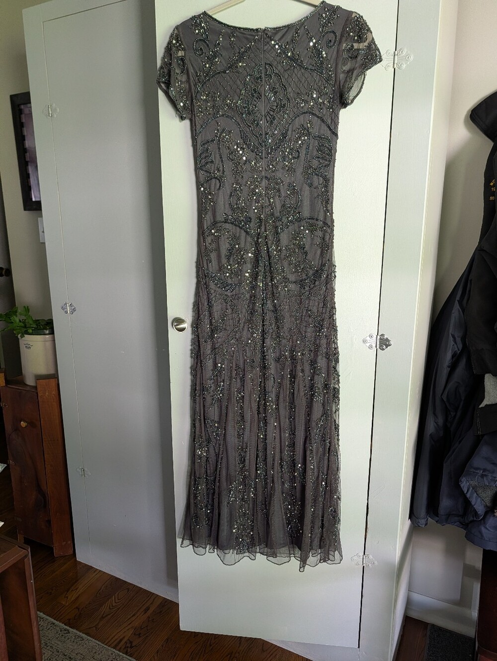 Pisarro Nights Embellished Beaded Maxi Dress in Gray